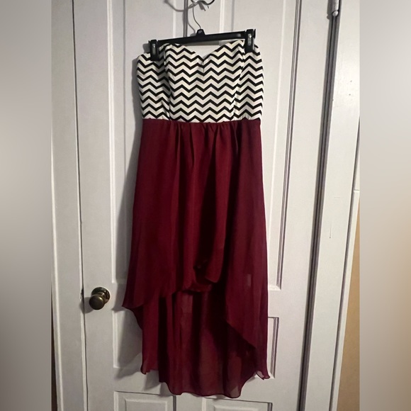 Chevron Black and White Strapless Dress with Berry Colored High Low Lined Skirt - Picture 1 of 4
